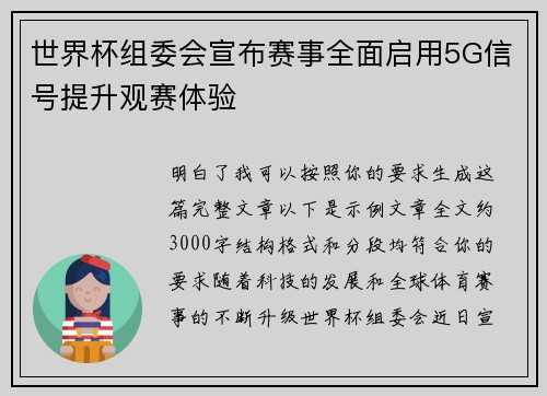 世界杯组委会宣布赛事全面启用5G信号提升观赛体验