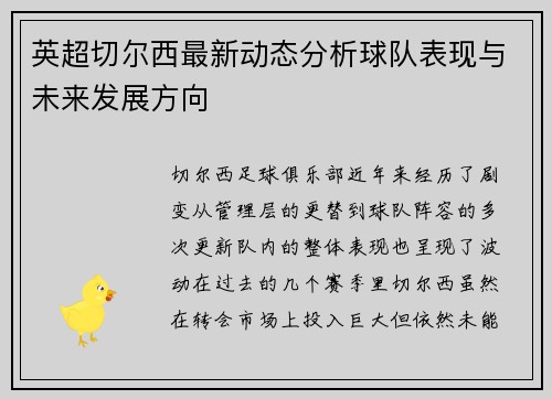 英超切尔西最新动态分析球队表现与未来发展方向 英超切尔西最新动态分析球队表现与未来发展方向