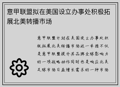 意甲联盟拟在美国设立办事处积极拓展北美转播市场